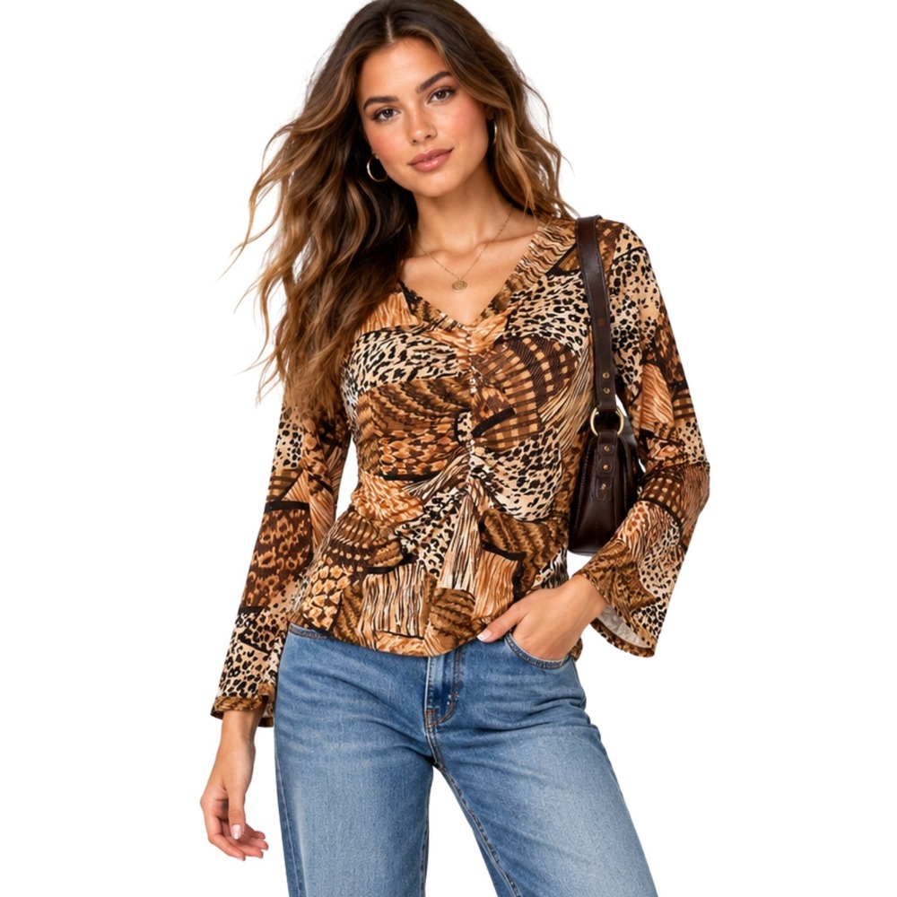 Vintage Y2K Animal Print Ruched Patchwork Sequin Top Emma Brown Medium Old Money